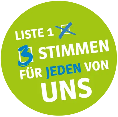 Grüner Kreis mit dem Aufruf zur Kommunalwahl 2026: "Liste 1, 3 Stimmen für jeden von uns".